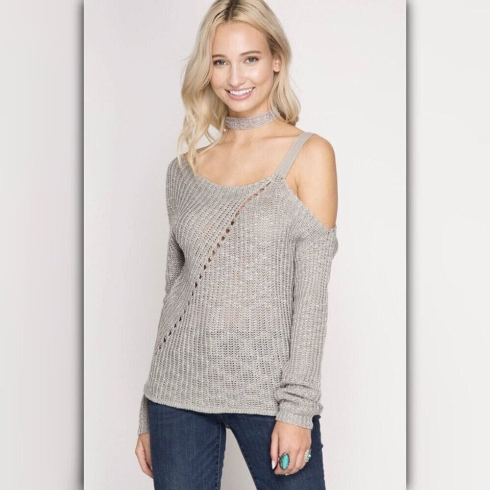 A053-B • Slub-Knit Yarn Cold Shoulder Sweater Top